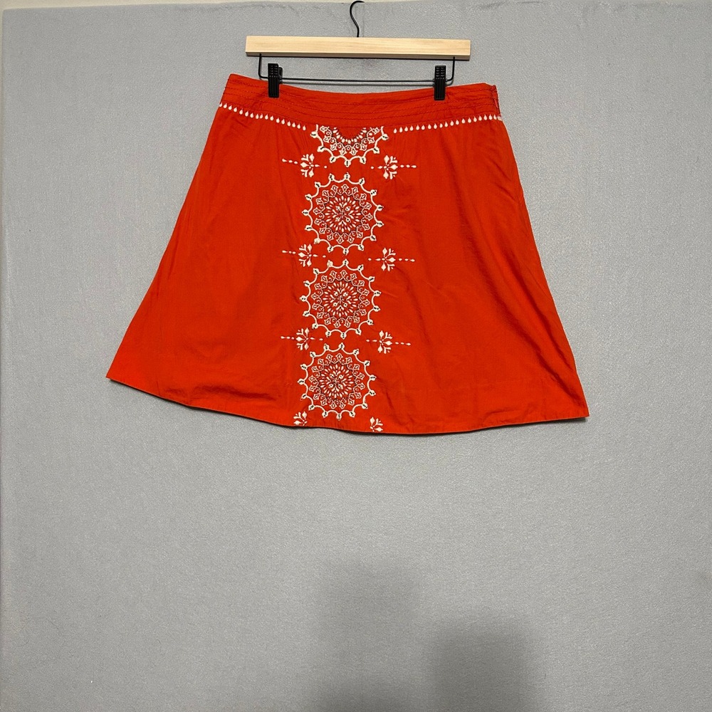 Anthropologie Lithe Orange Red Embroidered Beaded Cotton A-Line Mini Skirt 12‎